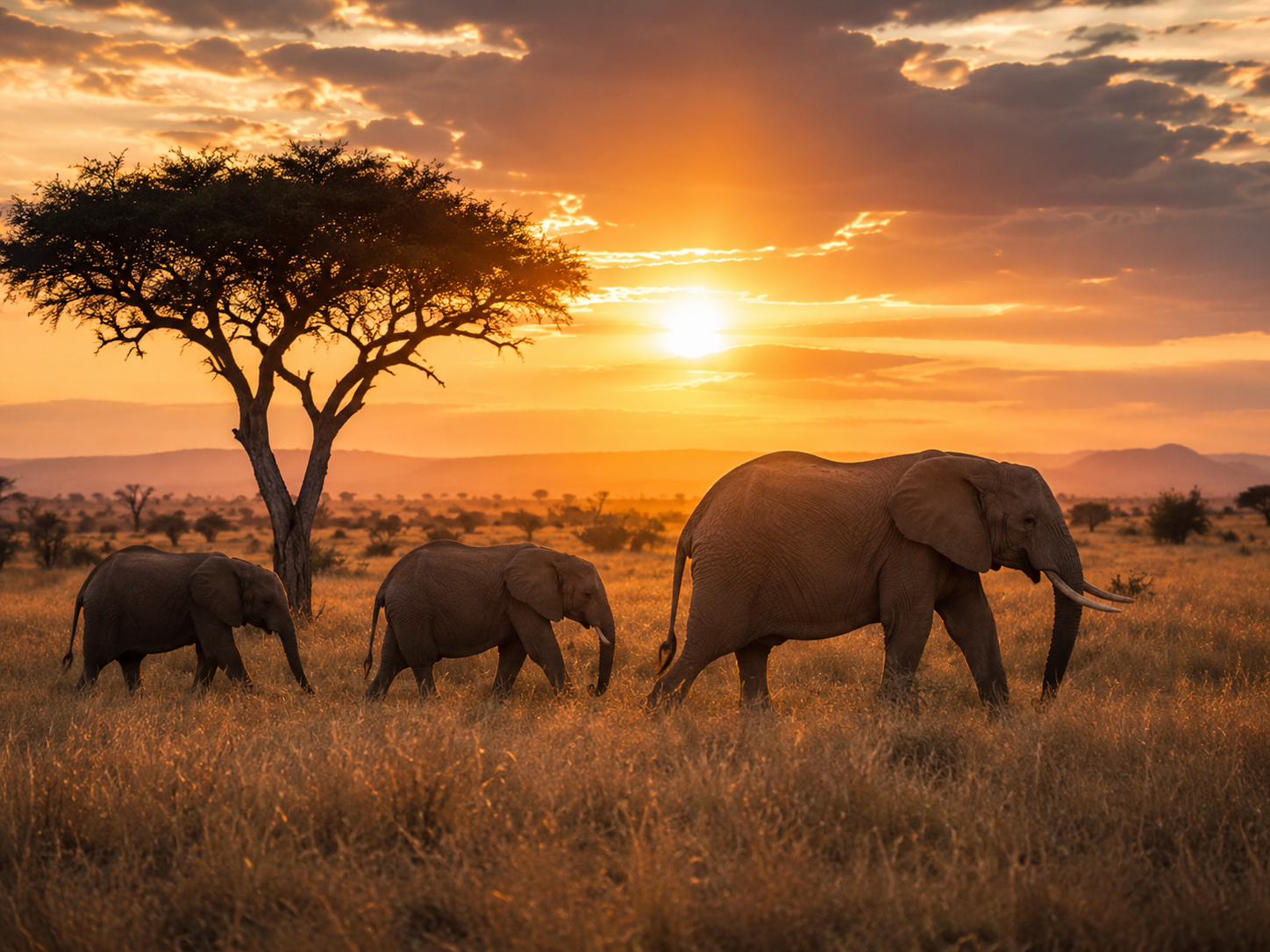 Elephants in golden savanna light