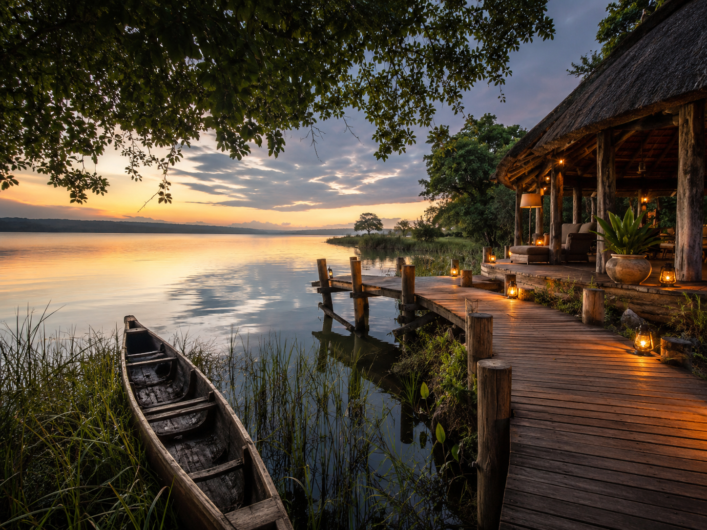 Serene lakeside retreat at dusk